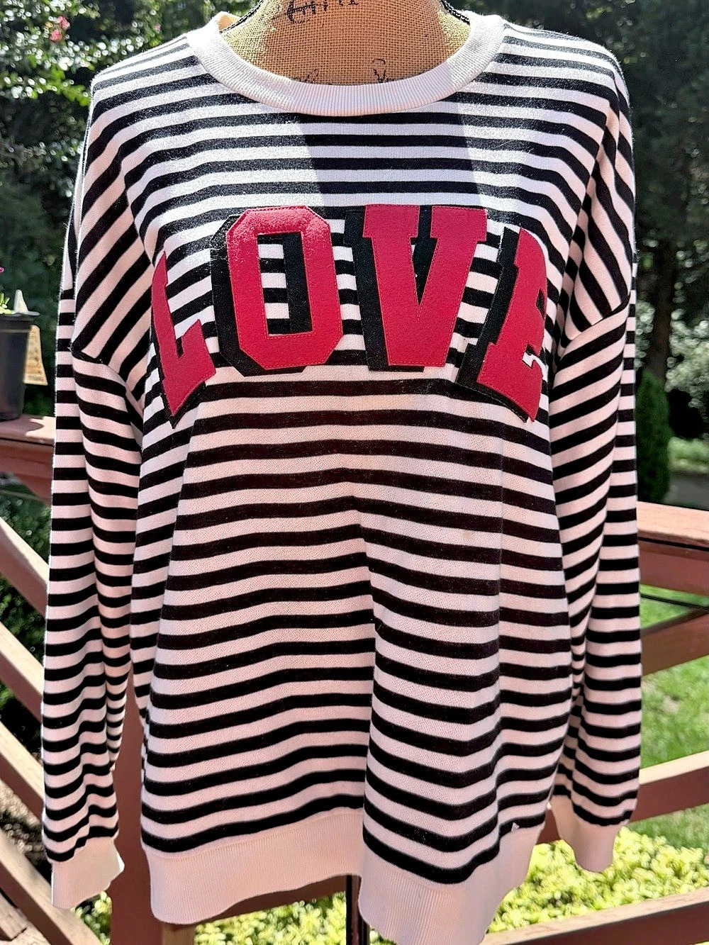 Crown Ivy LOVE Striped Crewneck Pink & Black XL NWT